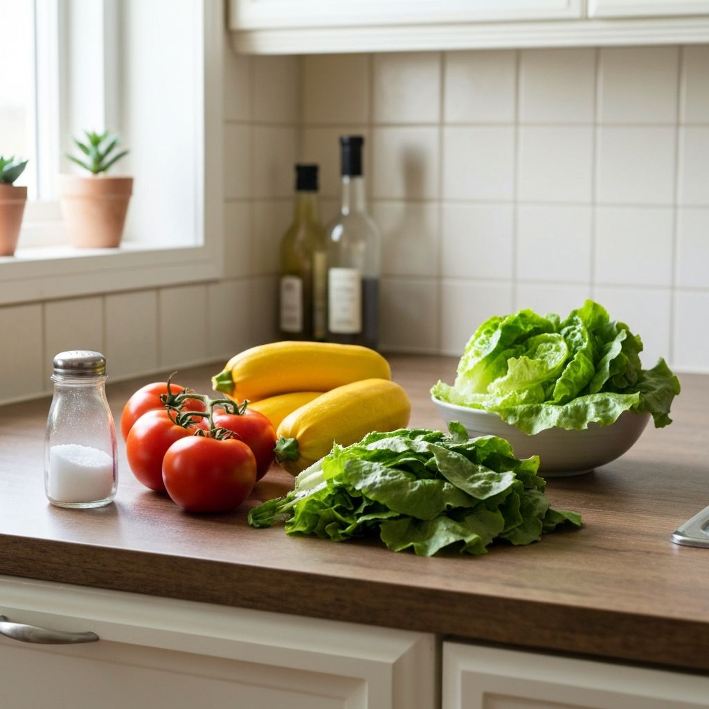 Kitchen scene showing salt shaker, fresh vegetables, and whole foods on counter