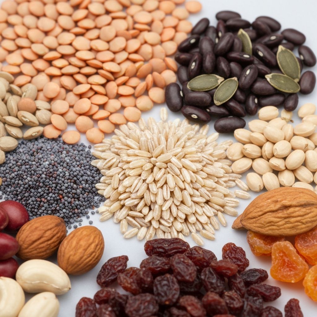 Close-up of various natural food ingredients including legumes, grains, seeds, and nuts