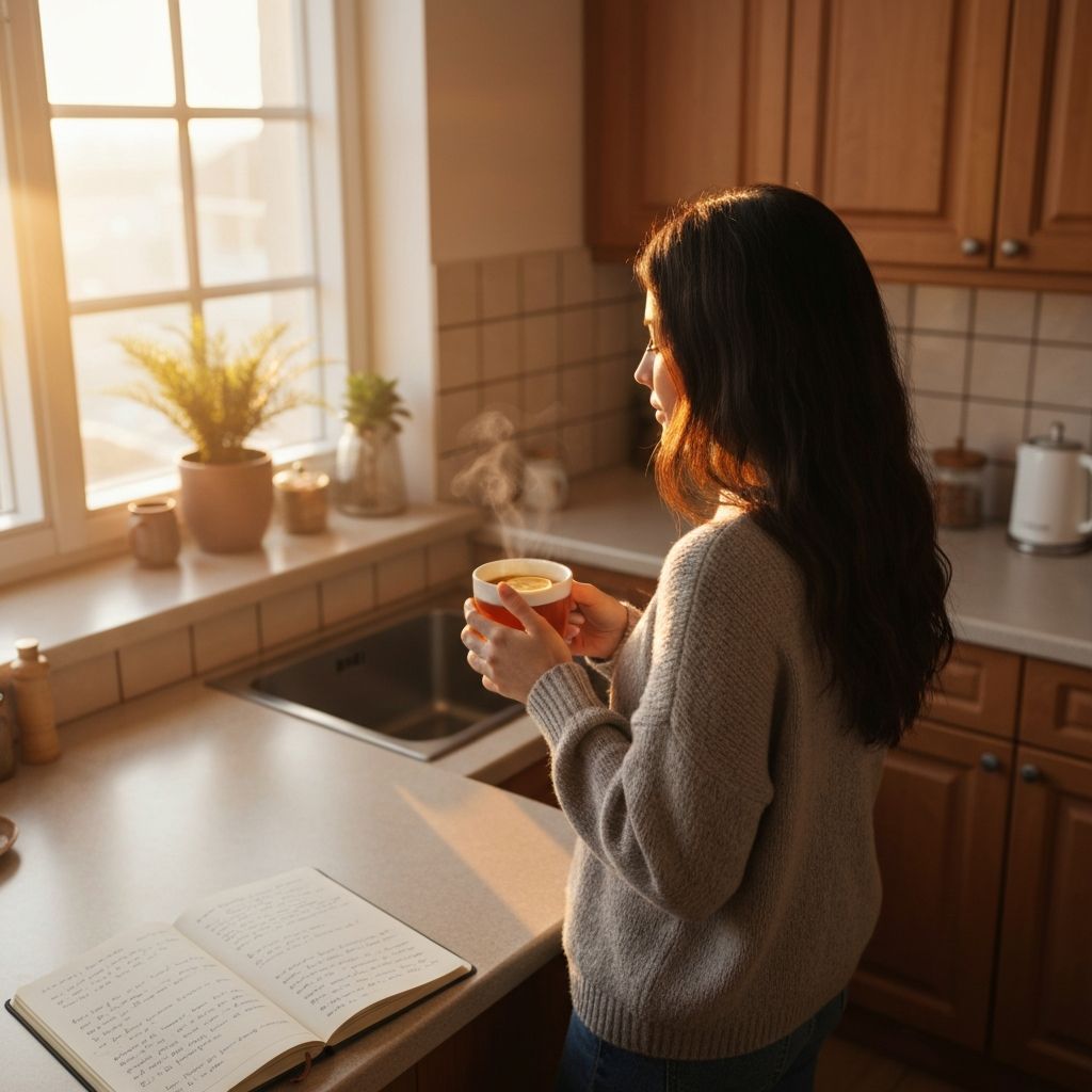 Peaceful morning kitchen scene with person holding warm tea with lemon in natural daylight